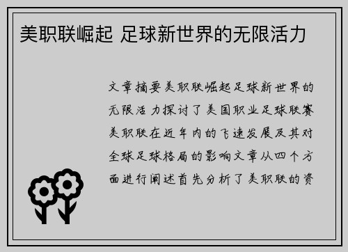 美职联崛起 足球新世界的无限活力 美职联崛起 足球新世界的无限活力